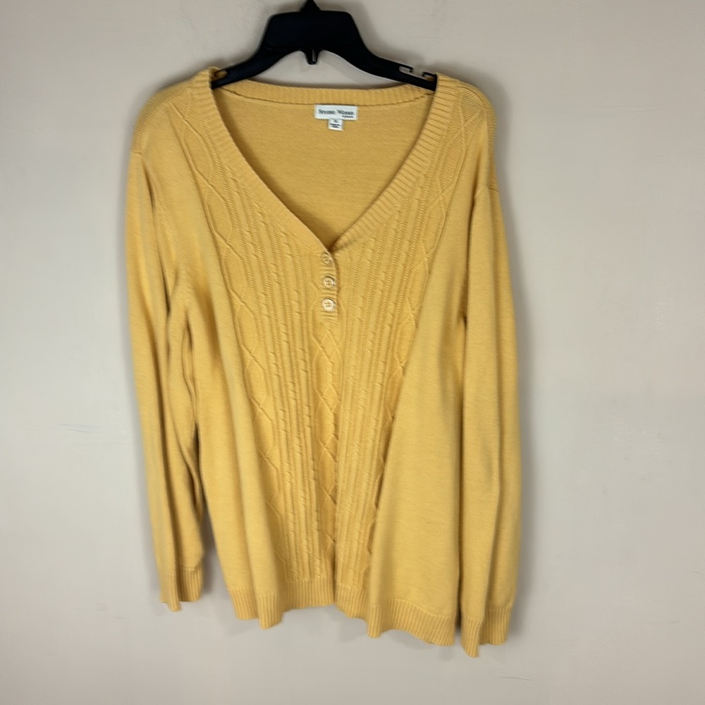 Studio Works Woman  Yellow Cotton Cable Mixed Knit Sweater Size 3X